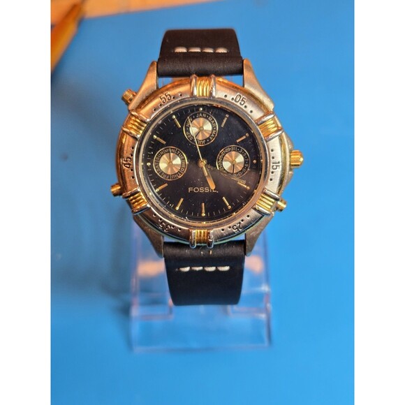 Vintage Fossil BQ8643 Black/Gold -Silver Tone Dive Watch. New Band + Battery - Picture 8 of 13